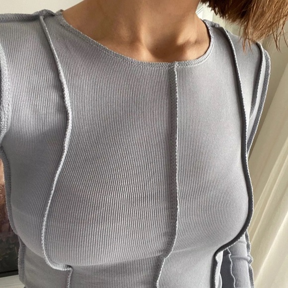 Shirt pastel blue ribbed line blouse womens top - Picture 4 of 7